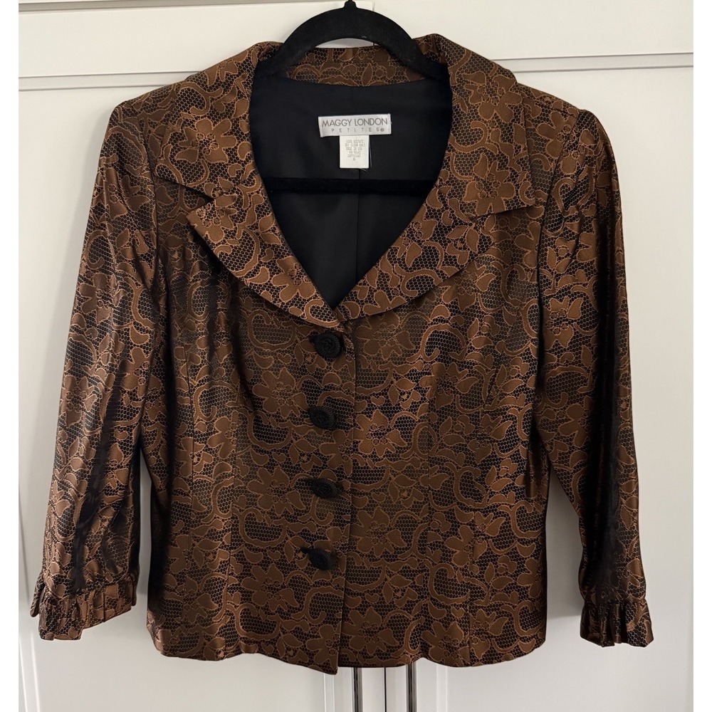 Maggy London Vintage Copper Floral Lace Ruffle Blazer Jacket Size 8 USA Made EUC